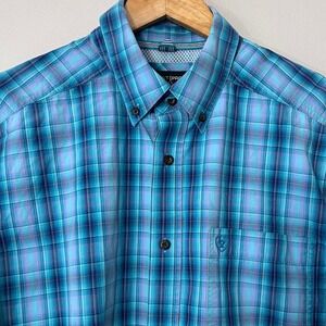 Ariat Pro Series Shirt Mens L Blue Plaid Short Sleeve Vented Western Button Up